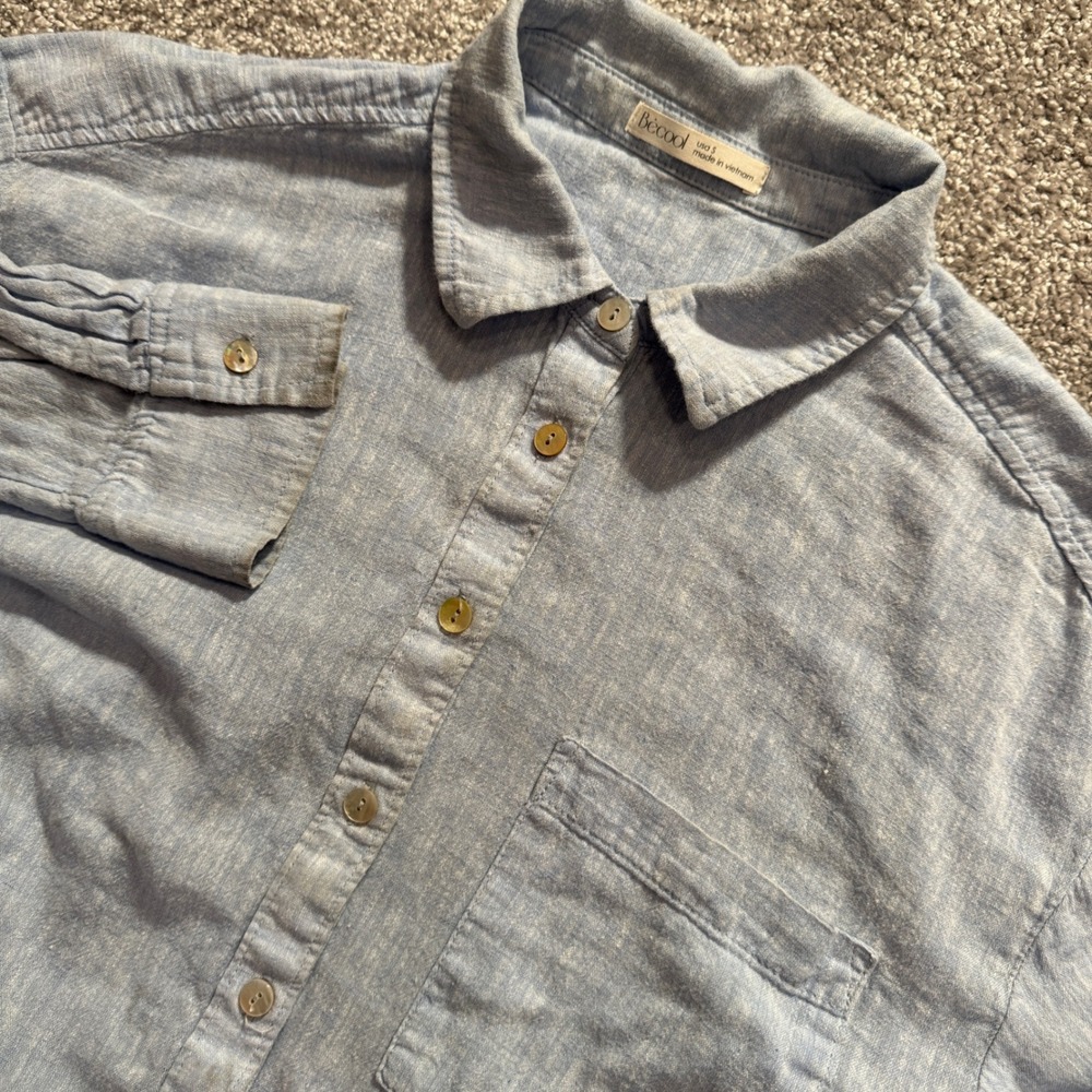 Becool Shirt Womens S Blue Linen Cotton Coastal Grandma Casual Vacation Flowy